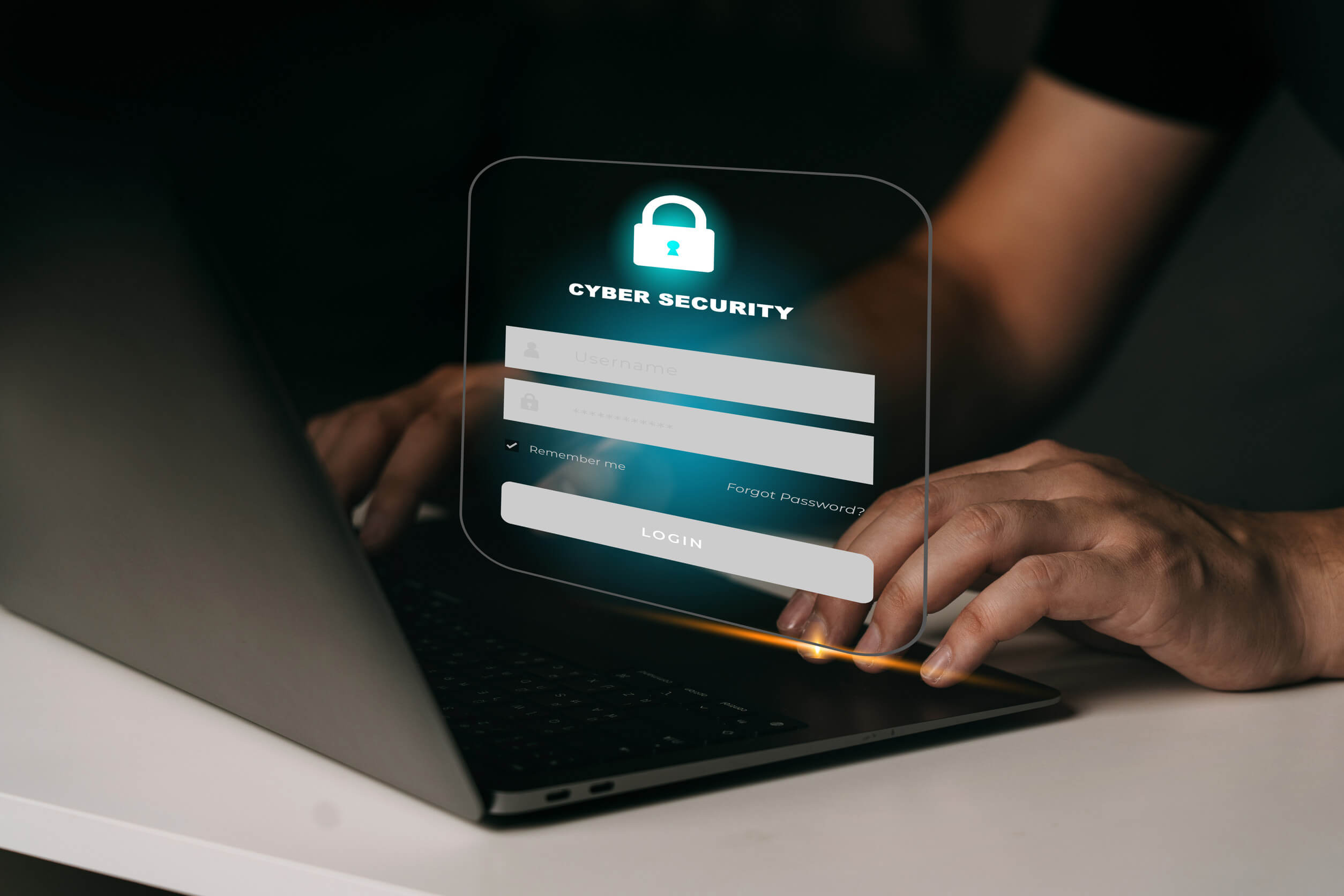Person typing on a laptop with a digital cybersecurity login interface floating above the keyboard.